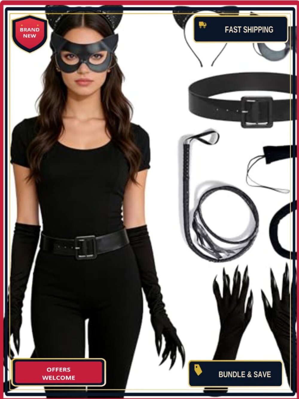 Cat Costume Accessory Set Velvet Gloves Faux Leather Belt Cosplay Women